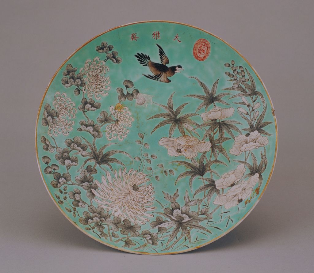 图片[2]-Green ink color flower-and-bird pattern high foot plate-China Archive